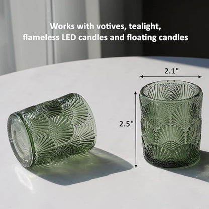 Woho Green Votive Candle Holders Set of 12, Green Glass Tealight Candle Holder for Wedding Party Table Centerpiece, Tea Lights Candle Holder Vintage for Fall Thanksgiving Christmas Decor