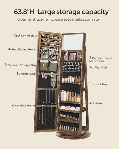 SONGMICS 360° Swivel Jewelry Cabinet, Lockable Jewelry Organizer with Full-Length Mirror, Rear Storage Shelves, Interior Mirror, Jewelry Armoire, Christmas Gifts for Women, Rustic Brown UJJC006X01