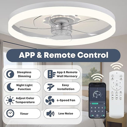 23.6'' Ceiling Fan with Light, Upgraded Low Profile Fan, Flush Mount Ceiling Fan, 6 Speeds, Dimmable LED, App & Remote Control, Quiet DC Motor, for Bedroom, Living Room, F115 White