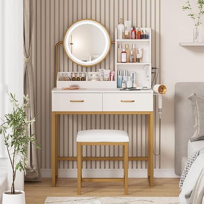 Makeup Vanity with Round Mirror and Lights, White Vanity Makeup Table with Charging Station, Small Vanity Table for Bedroom, 3 Lighting Modes, 31.5in(L)