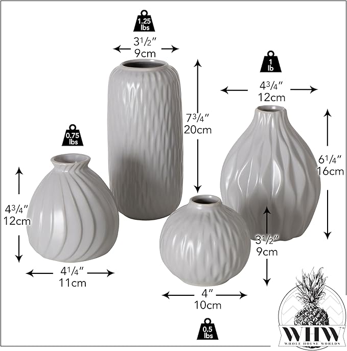 Iconic Scandi Vase 4 Piece Set, Pearly Grey, Glazed, Water-Tight, Porcelain, 3-7.75 Inches