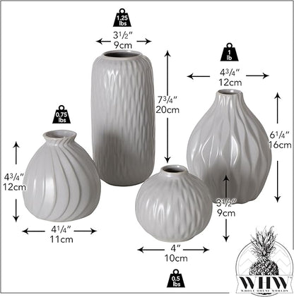 Iconic Scandi Vase 4 Piece Set, Pearly Grey, Glazed, Water-Tight, Porcelain, 3-7.75 Inches