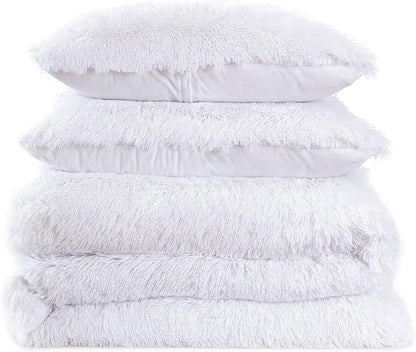 Queen Luxury Faux Fur Comforter Set - Soft & Breathable 7-Piece Bedding Collection - 1 Comforter, 1 Fitted Sheet, 1 Flat, 2 Pillowcases, 2 Pillow Shams - Deep Pocket - Premium Quality, White