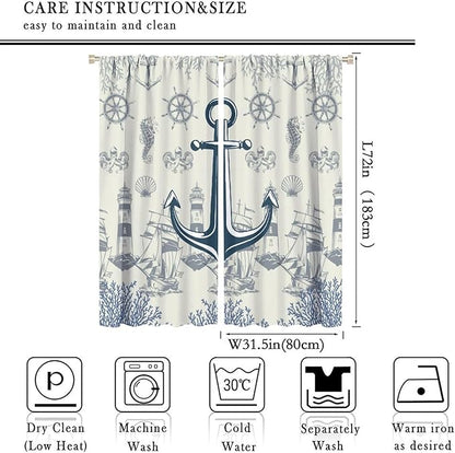 Nautical Anchor Curtains, Vintage Sailboat Ocean Coastal Lighthouse Window Drapes, Navy Blue Coral Shell Seahorse Beach Print Blackout Window Treatments for Living Room Bedroom 63x72in