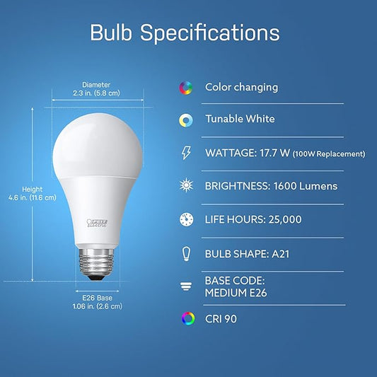 Feit Electric OM60/RGBW/CA/AG Smart WiFi Color Changing and Dimmable, Alexa or Google Assistant, No Hub Required A19 LED Light Bulb, 60W