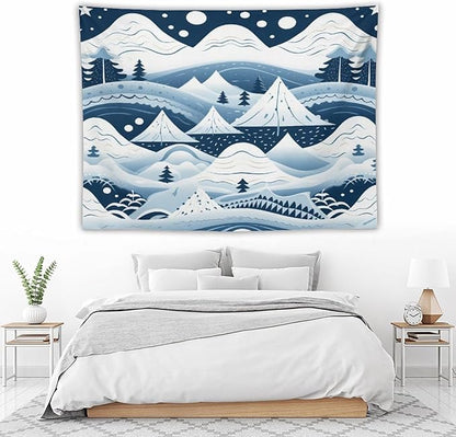 Snow Mountain Scandinavian Winter Tapestry As Wall Art Happy Winter Holiday Tapestry for Bedroom Aesthetic Landscape Tapestry Wall Hanging for Living Room Dorm 60"x80" Christmas Family Party