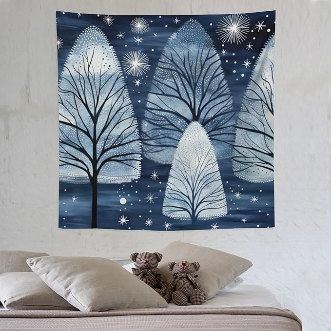 Tapestries Trendy Blue Silver Glitter Tree Christmas Tapestry Xmas Rustic Winter Holiday Tapestry for Bedroom Aesthetic Wall Hanging for Bedroom Living Room Dorm 60"x60" Christmas Family Party