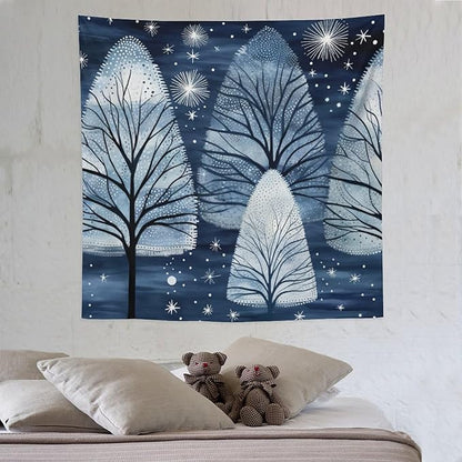 Tapestries Trendy Blue Silver Glitter Tree Christmas Tapestry Xmas Rustic Winter Holiday Tapestry for Bedroom Aesthetic Wall Hanging for Bedroom Living Room Dorm 60"x60" Christmas Family Party