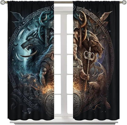 Cool Norse Viking Theme Blackout Curtains for Living Room,Fantasy Ancient Symbols Wildlife Wolf Nordic Vikings Rod Pocket Thermal Insulated Room Darkening Curtains 2 Panels 45L x 21W