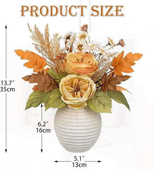 Artificial Fall Floral Centerpiece with Vase, Fake Flowers for Autumn Table Decorations, Silk Rose & Maple Leaves Arrangement, Rustic Cement Vase Harvest Decor for Dining Table, Kitchen, Living Room