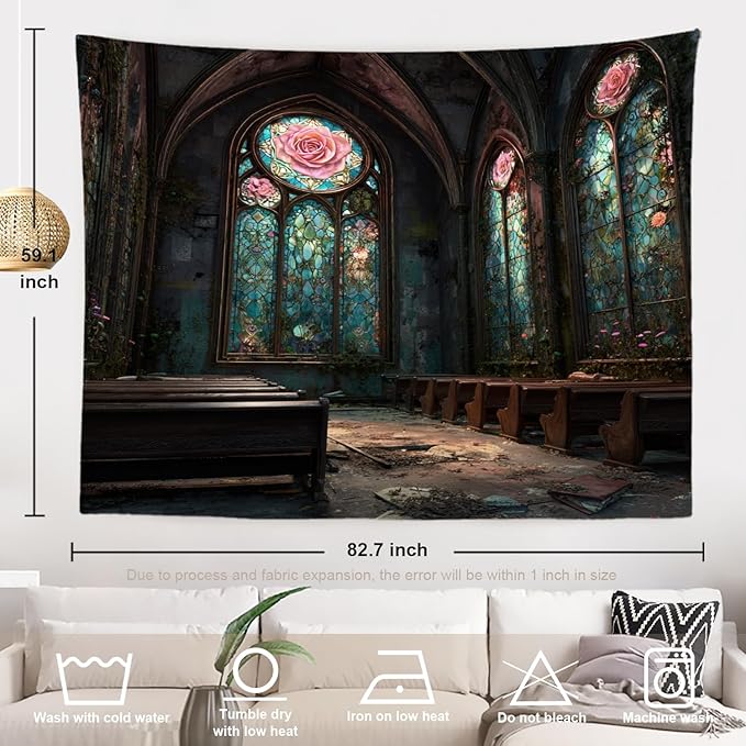 Batmerry Abandoned Chapel Tapestry, Stained Glass Roses Broken Pews Wall Art Hanging Decoration Polyester Fiber White Ruffled Around for Dorm Room Bedroom Living Room, 59.1x82.7 inches
