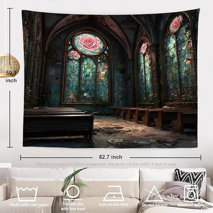 Batmerry Abandoned Chapel Tapestry, Stained Glass Roses Broken Pews Wall Art Hanging Decoration Polyester Fiber White Ruffled Around for Dorm Room Bedroom Living Room, 59.1x82.7 inches