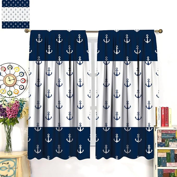 Anchor Pattern Curtains, Nautical Theme Navy Blue White Anchor Sea Life Adventure Print Blackout Window Treatments for Living Room Boys Men's Bedroom 72x63in