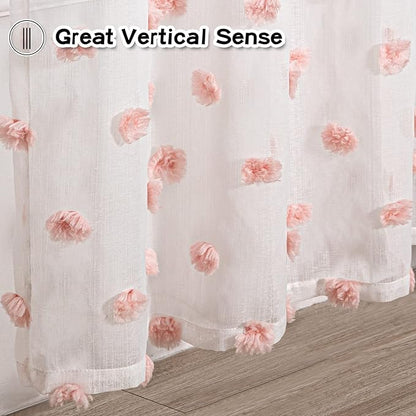 MYSKY HOME Large Pom Pom Curtains - 108 Inch Length, 2 Sets Semi Sheer Boho Curtains for Living Room, Dining Room, Baby Pink, Rod Pocket Backdrop Window Drapes, 37 x 108 inch