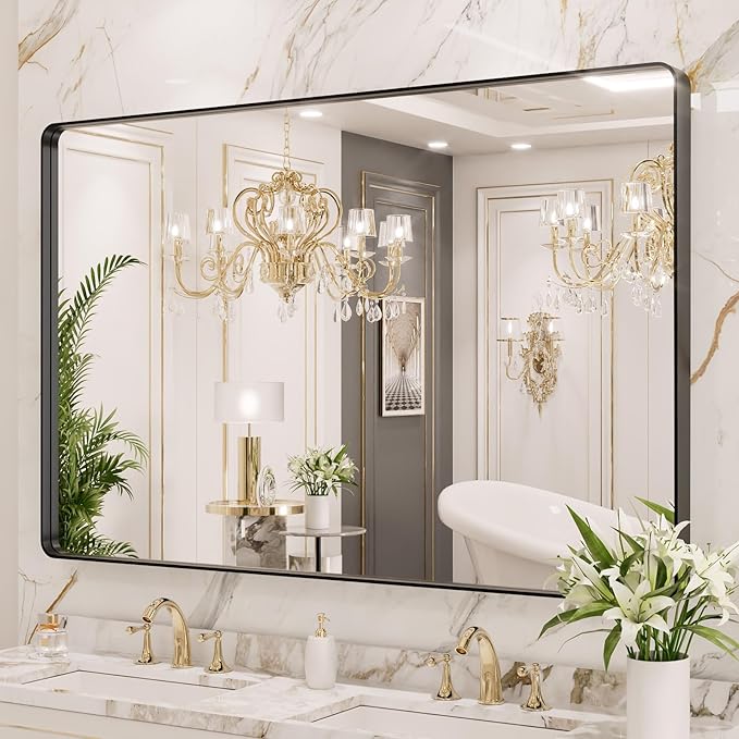 LOAAO 55X36 Inch Black Metal Framed Bathroom Mirror for Wall, Matte Black Bathroom Vanity Mirror Farmhouse, Large Rounded Rectangle Mirror, Anti-Rust, Tempered Glass, Hangs Horizontally or Vertically