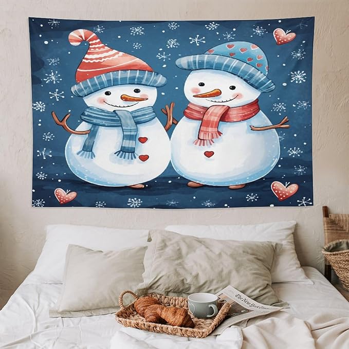 Snowman Couple Tapestries Winter Snowflake Cute Cartoon Funny Snowman Tapestry Vintage Aesthetic Tapestries Landscape Tapestry Bedroom Wall Decor Living Room 60"x90" Christmas Family Party