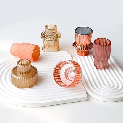 Pink Candlestick Holders 12PCS Ribbed Glass Taper Candle Holders Set for Tealight Candlestick Candles, Table Centerpieces for Weddings Christmas Home Decor Indoor and Outdoor
