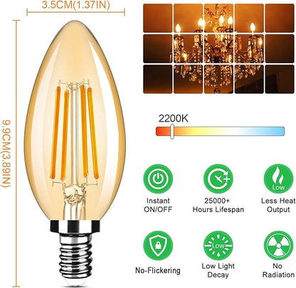 24-Pack Dimmable E12 LED Candelabra Bulbs 40Watt Equivalent, 2200K Amber Warm White, 380Lumens, 4W B11 Amber Chandelier Light Bulbs, LED Filament Clear Glass Candle Lamp for Ceiling Fan Home Decor