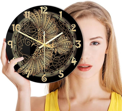 15 Inch Scandinavian Tattoo Odin's Celtic Raven Wall Clock, Norse Viking Man Cave Wall Clock Runic Symbols Crow Vintage Decorative Silent Non Ticking Battery Wall Watch Clock for Living Room