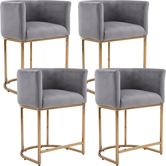 Modern Counter Height Velvet Upholstered Bar Stools Set of 4, 24" Kitchen Counter Island Stools Bar Chairs with Gold Metal Frame for Kitchen Island, Gray