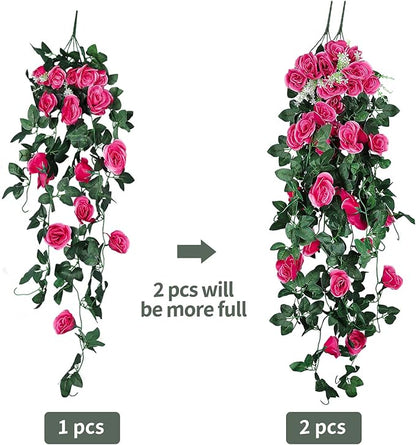 RECUTMS Artificial Rose 4Packs Fake Hanging Flower Faux Ivy Vine Plants for Home Window Garden Office Patio Planter Pathway Front Porch (Rose Red)