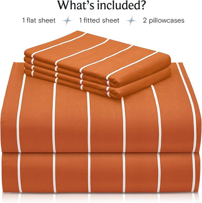 LuxClub 4 PC Sheet Set Bed Sheets Deep Pockets 16" Wrinkle Free Cooling Machine Washable Hotel Bedding Silky Soft - Striped-Autumn Orange Queen