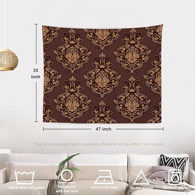 Batmerry Brown Damask Floral Tapestry, Vintage Golden Brown Damask Pattern Wall Art Hanging Decoration Polyester Fiber White Ruffled Around For Dorm Room Bedroom Living Room, 35 X 47 Inches