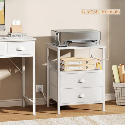 Furologee Night Stand with Charging Station, Bedside Table with Fabric Drawers, End Table with USB Ports & Outlets, White Nightstand with Storage Shelf & Hooks, for Living Room/Bedroom, White