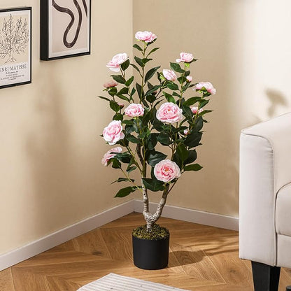 GOFLAME 3FT Artificial Camellia Tree, 2 Pack Faux Camellia Plant with Pink Flowers, Solid Wood Trunk, Realistic Moss, Greenery Potted Decoration Tree for Indoor Outdoor Home Porch Front Door