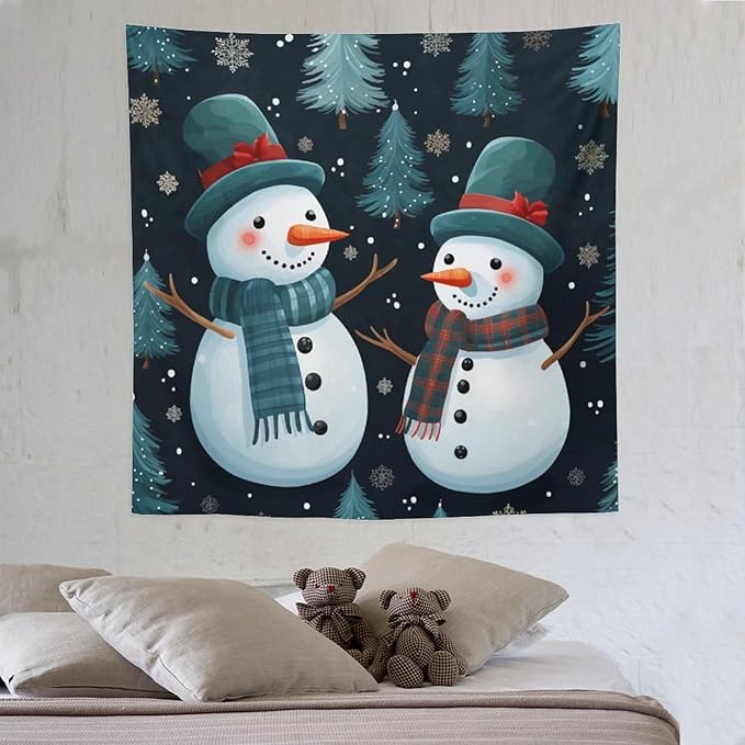 MaSiledy Wall Tapestries Snowman Couple Tapestry Winter Snowflake Cute Cartoon Funny Snowman Vintage Aesthetic Tapestry Wall Hanging Wall Decor for Bedroom Living Room Dorm 60"x60"