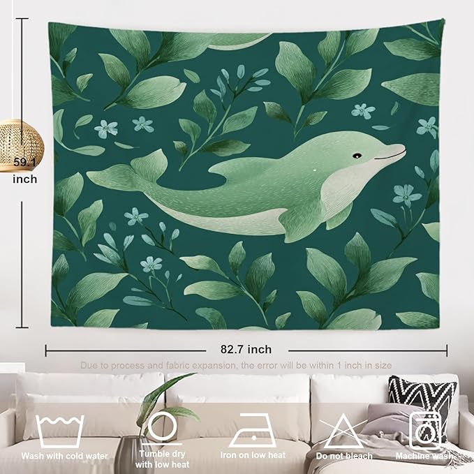 Batmerry Cute Dolphin Tapestry, Green Dolphin With Leaves Wall Art Hanging Decoration Polyester Fiber White Ruffled Around for Dorm Room Bedroom Living Room, 59.1x82.7 inches