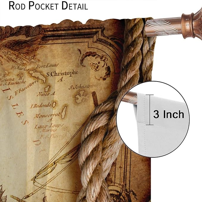 Pirate Map Curtains, Nautical Theme Old Ancient Treasure Map Secret Sea History Pattern Blackout Window Drapes for Kids Boys Bedroom Living Room 63x72in