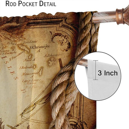 Pirate Map Curtains, Nautical Theme Old Ancient Treasure Map Secret Sea History Pattern Blackout Window Drapes for Kids Boys Bedroom Living Room 63x72in
