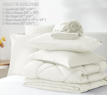 CozyLux Full Size Comforter Sets Ivory - 7 Pieces Bed in a Bag Full, Luxury Soft Bed Set for All Seasons, Bedding Set with Down Alternative Comforter, Sheets, Pillowcases & Shams