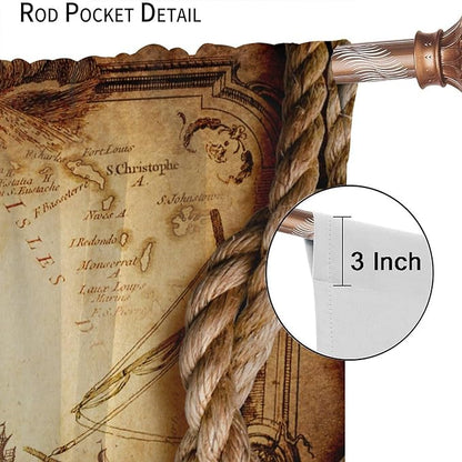 Pirate Map Curtains, Nautical Theme Old Ancient Treasure Map Secret Sea History Pattern Blackout Window Drapes for Kids Boys Bedroom Living Room 84x84in