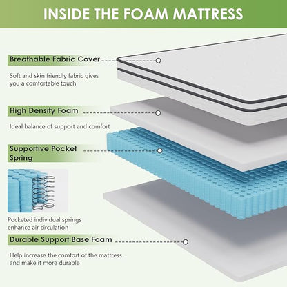 PayLessHere | 6 Inch Queen Mattress | Medium Firm Hybrid Mattress | White | with High-Density Foam and Breathable Cover | Pocket Spring Design, Pressure Relief | Bed in a Box, CertiPUR-US Certified