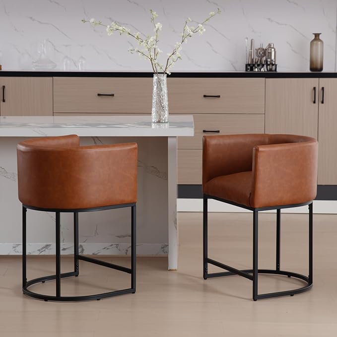 Modern Counter Height PU Leather Upholstered Bar Stools Set of 2, 24" Kitchen Counter Island Stools Bar Chairs with Black Metal Frame, Brown