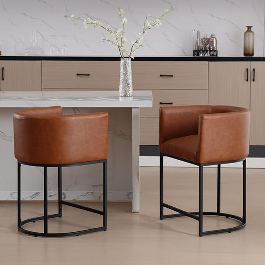 Modern Counter Height PU Leather Upholstered Bar Stools Set of 2, 24" Kitchen Counter Island Stools Bar Chairs with Black Metal Frame, Brown