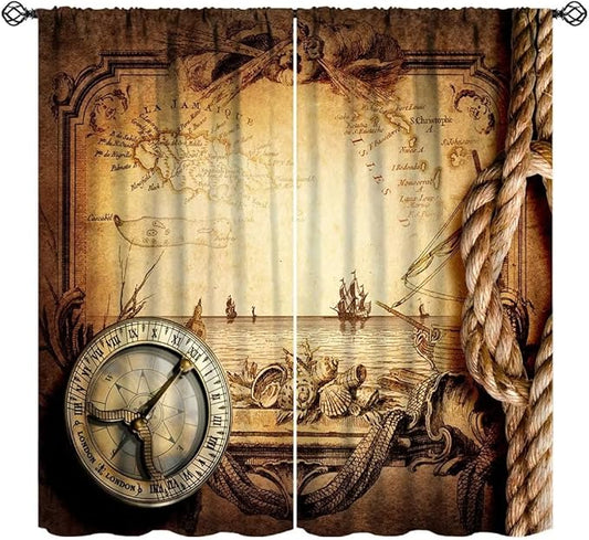 Pirate Map Curtains, Nautical Theme Old Ancient Treasure Map Secret Sea History Pattern Blackout Window Drapes for Kids Boys Bedroom Living Room 52x84in