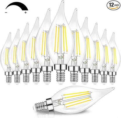 TOBUSA Dimmable E12 Candelabra LED Bulbs 60 Watt Incandescent Equivalent, 5000K Daylight White, Clear Filament Chandelier Light Bulbs 6W, 600lm, CA11 Vintage Ceiling Fan Light Bulbs with Flame Tip