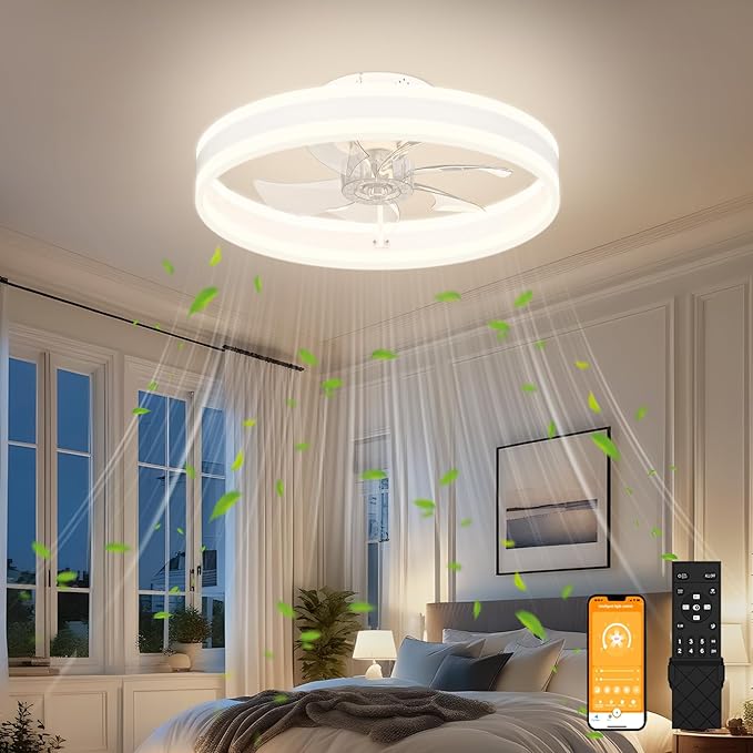 VOLISUN Fandelier Ceiling Fans with Lights and Remote, 15.7in Low Profile Ceiling Fan Flush Mount, 3000K-6500K Dimmable Bladeless LED Fan Light, White Modern Ceiling Fans with Lights for Bedroom