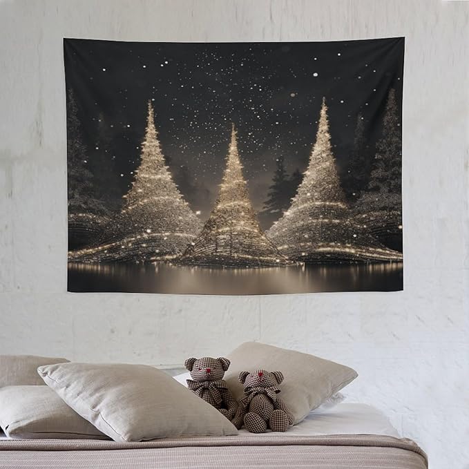 MaSiledy Tapestry Silver Lighted Christmas Trees Aesthetic Bedroom Tapestries Hello Winter Holiday Tapestry As Wall Art Wall Hanging Decor Tapestry for Bedroom Aesthetic Alt Room Landscape 30"x40"