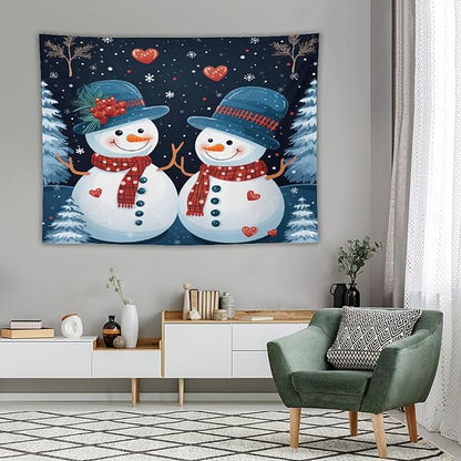 Tapestry Wall Hanging Snowman Couple Tapestry Cute Snowman with Hat And Scarf Tapestry Vintage Aesthetic Tapestries Wall Hanging for Living Room Dorm 60"x80" Tapestries Winter Snowflake Decorative