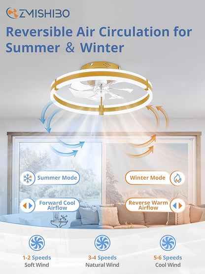 ZMISHIBO Ceiling Fans with Lights and Remote, 19.7'' Low Profile Ceiling Fan, 3000-6000K Dimmable Modern Flush Mount LED Fan Light, 6 Wind Speeds, Gold Fandelier Ceiling Fans for Bedroom