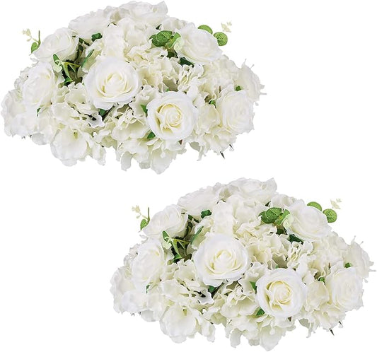 NUPTIO Flower Ball Arrangement Bouquet - 2 Pcs 15.7 inch Diameter White Fake Flowers Roses Balls for Centerpieces Tables - Artificial Rose Arrangements for Wedding Centerpiece Table Decorations