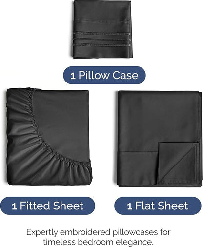 Twin XL Size 3 Piece Sheet Set - Comfy Breathable & Cooling Bed Sheets Set - Hotel Luxury Bedding for Women, Men, Kids, Teens, Boys & Girls - Deep Pockets, Ultra-Soft, Wrinkle Free - Oeko-Tex - Black