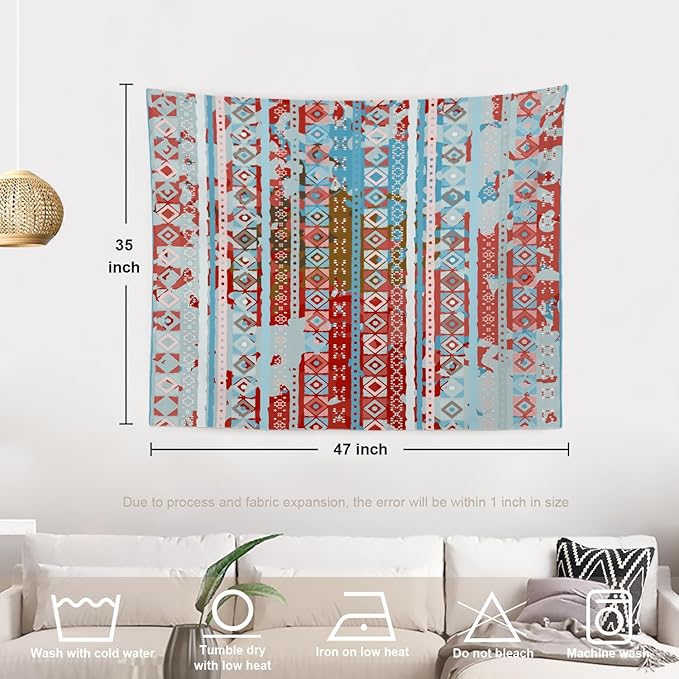 Batmerry Boho Tribal Tapestry, Aztec Ethnic Tribal Colorful Boho Abstract Distress Watercolor Wall Art Hanging Polyester Fiber White Ruffled Around For Dorm Room Bedroom Living Room, 35 X 47 Inches