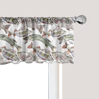 Ambesonne Fishes Window Valance Pack of 2, Watercolor Common Carp Perch and Bass Freshwater Animals Themed Seafood Drawing, Rod Pocket Curtain Valances for Kitchen Bedroom, 54" X 18", Pale Blue Grey