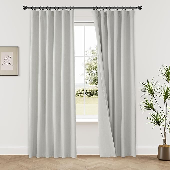 KangBang Extra Wide Blackout Linen Curtains - Back Tab Hook Belt Thermal Insulated Curtains for Bedroom Dining Room, Neutral Aesthetic Drapes for Patio Sliding Glass Door(72x84, Light Grey,2PCs)