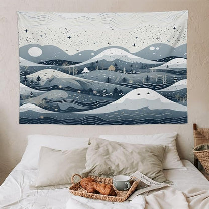 Snow Mountain Scandinavian Winter Wall Tapestry Hello Winter Holiday Tapestries for Bedroom Landscape Tapestry Wall Hanging for Dorm Living Room 60"x90" Tapestries Winter Snowflake Decorative